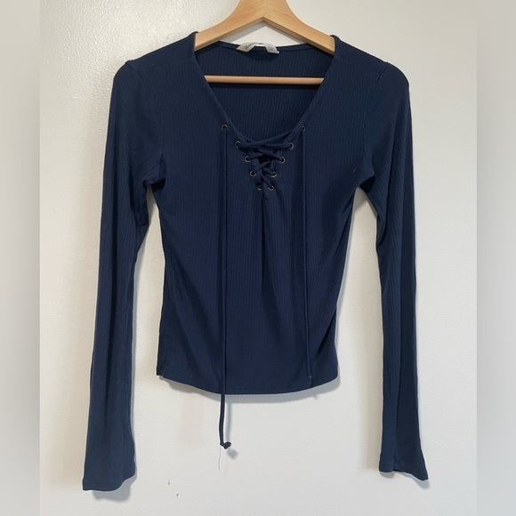 Navy Blue Ribbed Lace Up Front Long  Sleeve Top - Picture 1 of 6